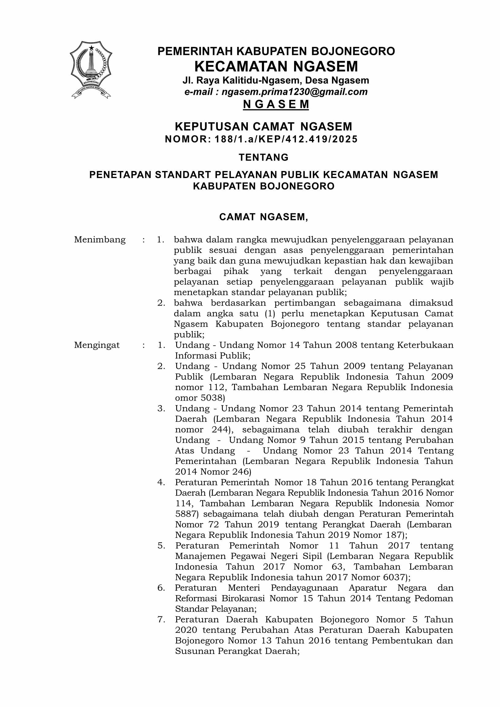 PENETAPAN STANDART PELAYANAN PUBLIK KECAMATAN NGASEM  KABUPATEN BOJONEGORO